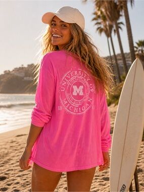 100% Cotton University of Michigan Long Sleeve Tee | Neon Pink | S